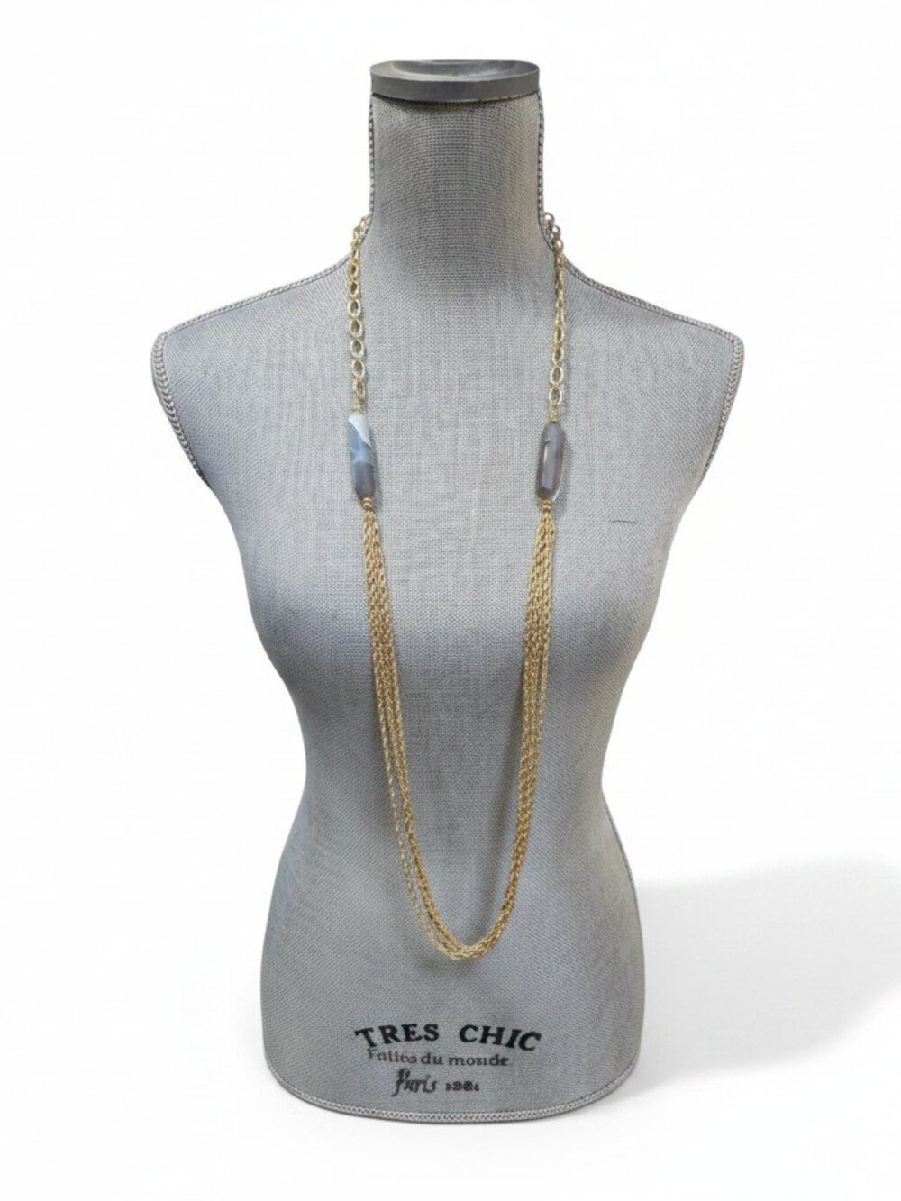 Share Vintage Chico's Gold Plated Long Chain Gray Stone Necklace